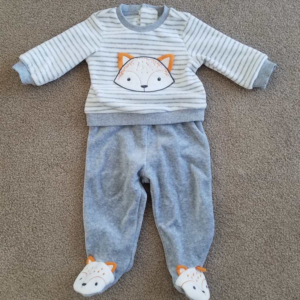 Little Me Gray Velour Fox Set Footie 6 month